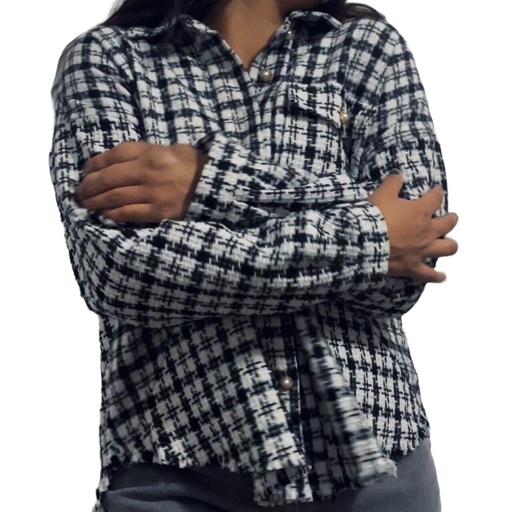 Umgee Shacket Jacket Plaid Black White Cozy Oversized Tweed Frayed Hem Womens 1X - Picture 2 of 12